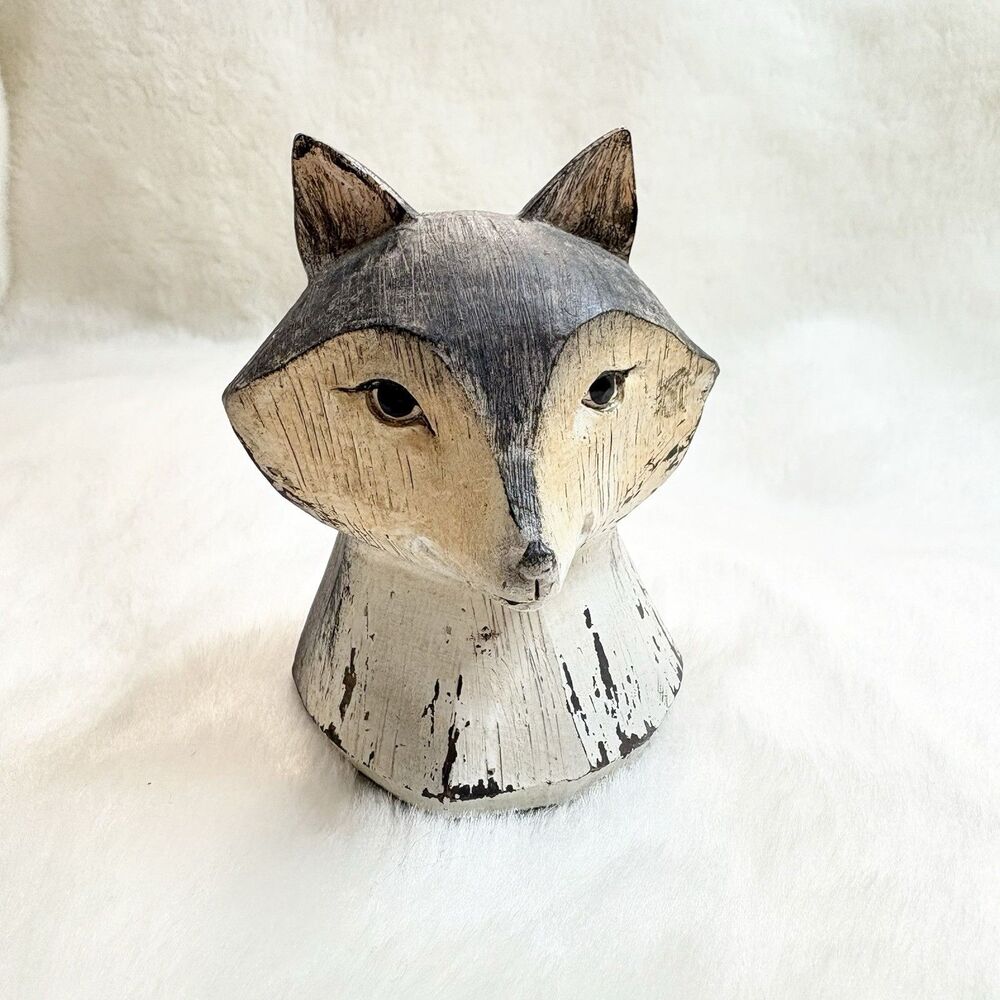 Resin Fox Figurine Bust Rustic Carved Wood Look Statue Sculpture Decor